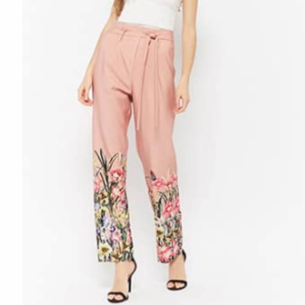 Pink/floral paperbag ankle wide leg palazzo pants